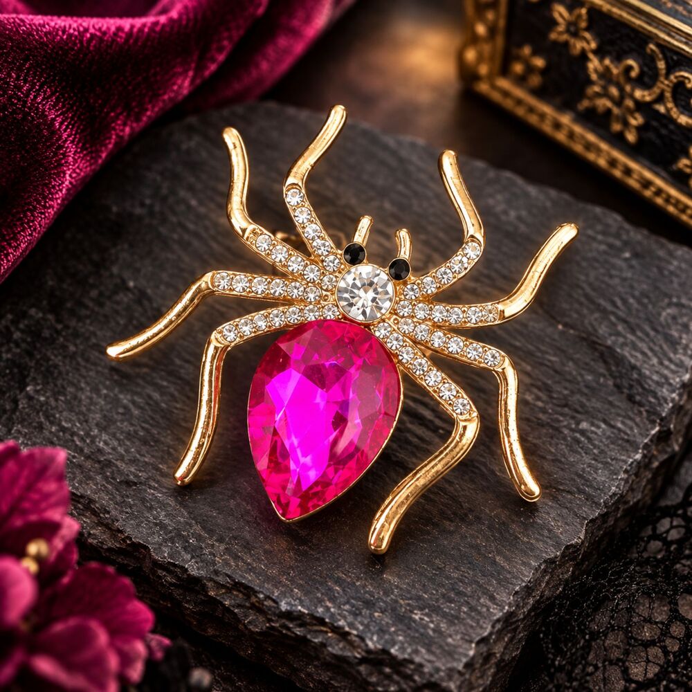 Gold Tone PINK Rhinestone Spider Brooch